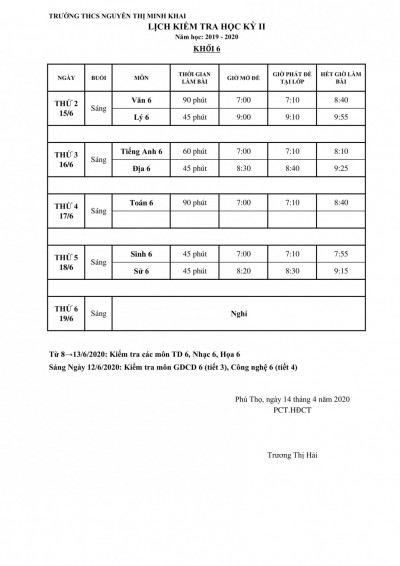 Lịch thi học kì 2 năm học 2019 -2020