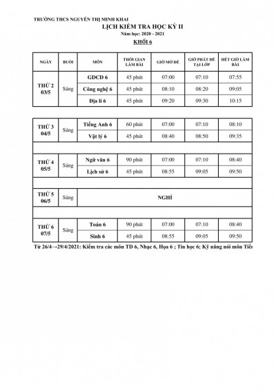 Lịch kiểm tra học kỳ 2 khối 6, 7, 8 năm học 2020 - 2021