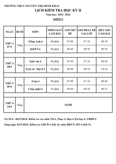 Thông báo Lịch kiểm tra HKII khối 6,7,8 năm học 2023-2024
